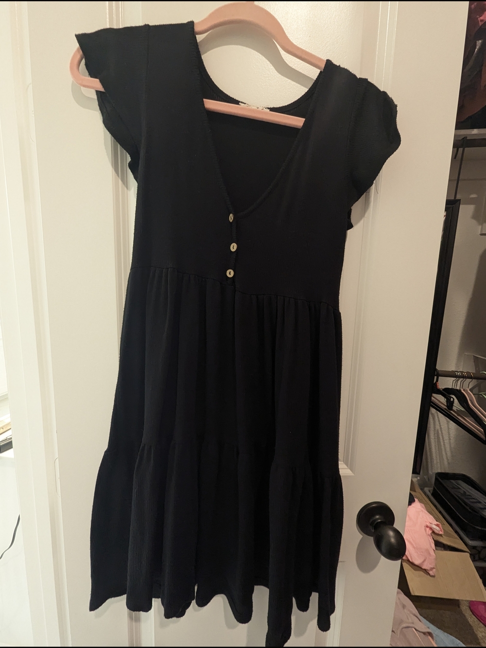 See You Monday Black Mini Dress with Button Front